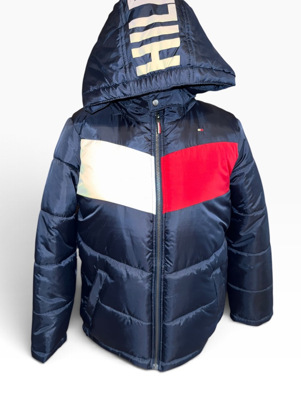 Tommy Hilfiger Boys Puffer Jacket L 14/16 Navy Red White Spellout Hood Coat